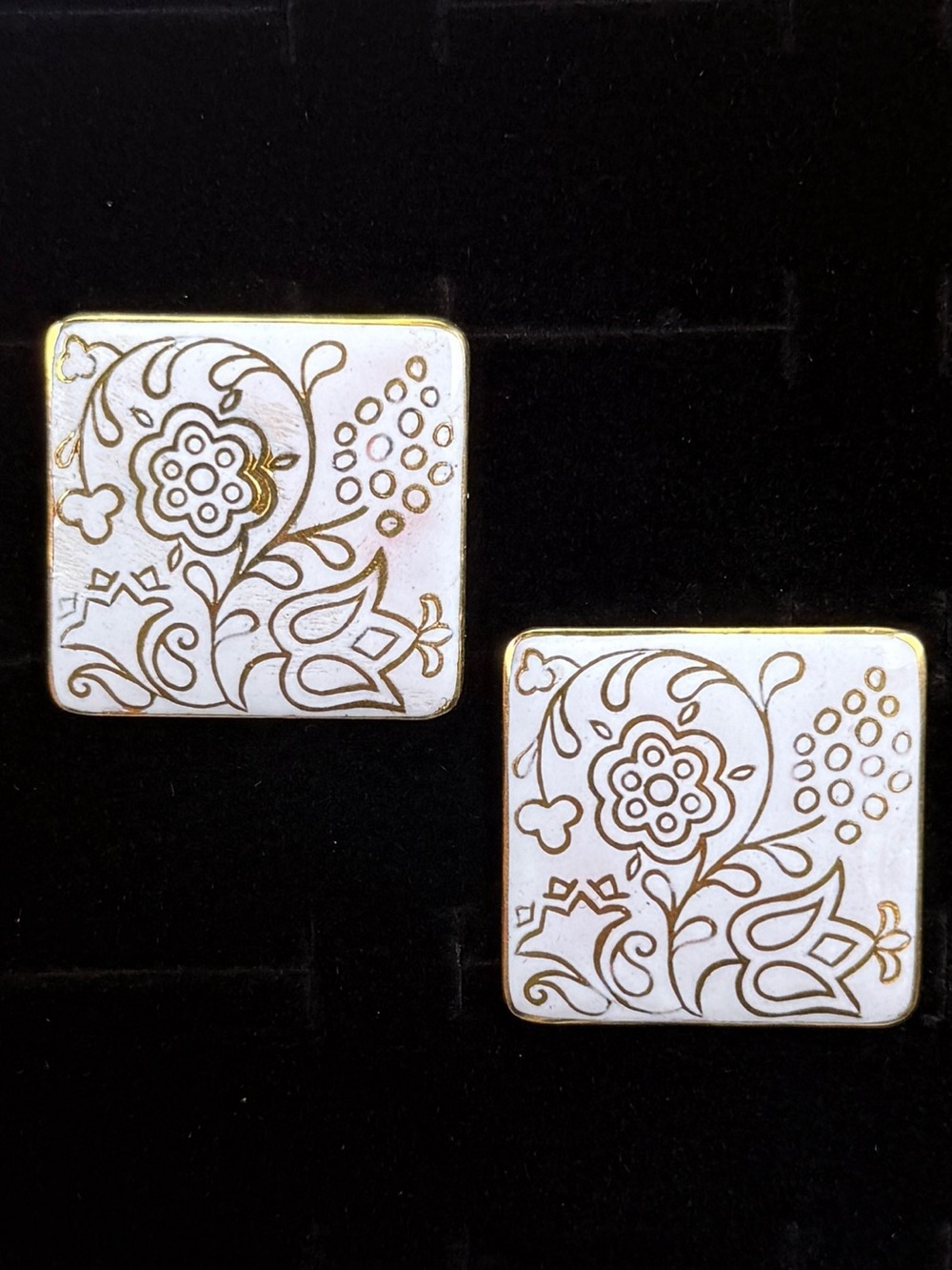Vintage Austria Floral Square Clip on Earrings with Goldtone Accents